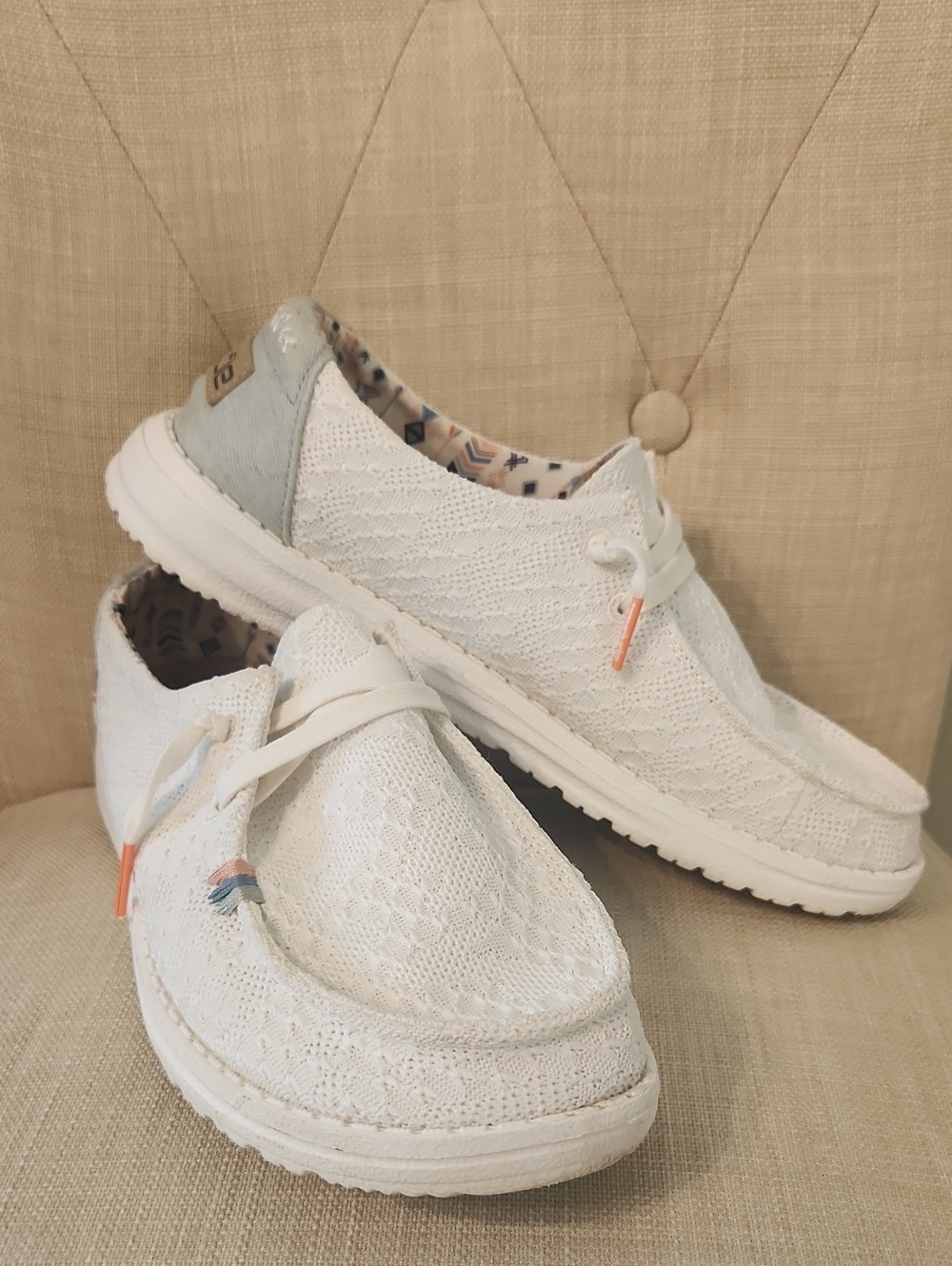 Hey Dude White Lace Slip-On Loafers with Coral & Light Blue Accents